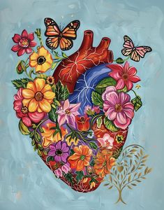 a painting of a human heart with flowers and butterflies on the side, against a blue background