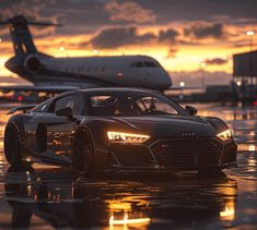 a car parked in front of an airplane on the tarmac at sunset or dawn