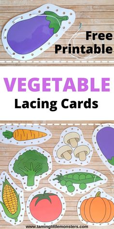 vegetable lacing cards with the text free printable vegetables lacing cards on it