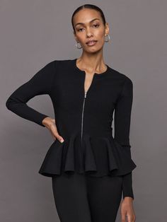 Elevate your style with the Carbon38 Peplum Zip Up, a perfect blend of sophistication and... Black Casual Peplum Top, Chic Luxury Fitted Peplum Top, Black Sports Top With Zipper Closure, Black Peplum Top Nordstrom, Fitted Black Peplum Top, Split Legs, Carbon 38, Leg Pants, Workout Gear