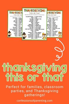 thanksgiving dinner menu with the words, thanksgiving this or that written in green on an orange background