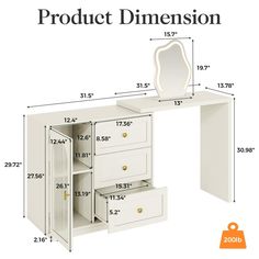 a white dressing table with drawers and a mirror on it's side, labeled product dimensions