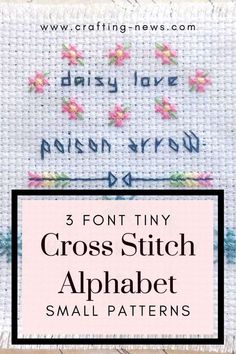 three cross stitch alphabets with the words, 3 font and two small flowers