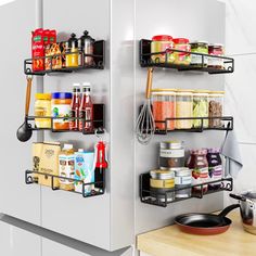 two metal shelving shelves with food items on them