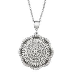 Pave diamonds give this pendant necklace a lovely look you'll want to wear. Pave diamonds give this pendant necklace a lovely look you'll want to wear.Click on this JEWELRY & WATCHES GUIDE to learn about fit, styles, materials and more! Pendant size: 1.13" x 0.83" Clasp: spring-ring Chain type: rope Base material: sterling silver Plating: sterling silver Finish: polishedSTONE DETAILS Setting: prong Total weight: 1 ct. Color grade: H-I Clarity: I2-I3 Gemstones may have been treated to enhance the Sterling Silver Necklace Pendants, Silver Pendants, Chain Ring, Silver Pendant Necklace, 1 Carat, Sterling Silver Pendant, Spring Rings, Pave Diamonds, Sterling Silver Pendants