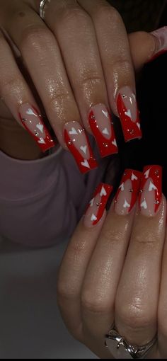 Red French Tips w/ white heart design and rhinestone  press-on nails. (Medium Square in photo) Red And Purple French Tip Nails, Red Frenchies, Bts Nails, Nails Medium Square, Grad Nails, Red French, White French Tip, Grunge Nails