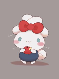 a cartoon character holding an apple in her hand and wearing a bow on top of it