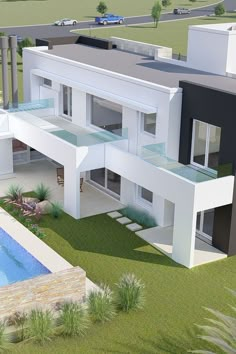 an artist's rendering of a modern house with pool and landscaping in the foreground