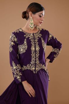 Purple pre-draped saree with zari embroidered floral vine motifs embellished by sequins. Comes with zari floral embroidered blouse highlighted by cut-out hem. - Aza Fashions Embroidered Pre-draped Saree With Long Sleeves For Reception, Pre-draped Saree With Intricate Embroidery, Anarkali Style Silk Saree With Intricate Embroidery, Draped Zari Work Reception Set, Designer Pre-draped Saree With Intricate Embroidery, Draped Zari Work Sets For Reception, Pre-draped Saree With Intricate Embroidery For Reception, Bollywood Style Floor-length Pre-draped Saree With Intricate Embroidery, Festive Floor-length Pre-draped Saree With Intricate Embroidery