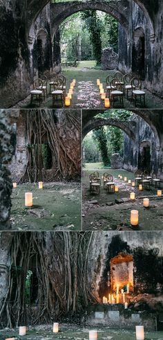 candles are lit in the middle of an old stone building with vines growing over it