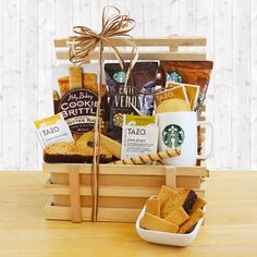 starbucks coffee gift basket with cookies, crackers and other treats for someone's special occasion