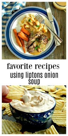 two pictures with different types of food and the words favorite recipes using liptons onion