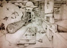 a pencil drawing of a room with an iphone