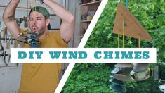 a man is making wind chimes out of old shoes and hanging them from the ceiling