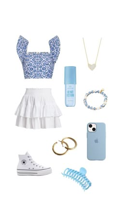 the contents of a blue and white outfit including shoes, bracelets, ring, phone case