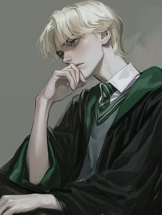 a drawing of a young man with blonde hair wearing a green and black graduation gown