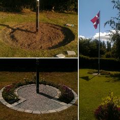 the flags are flying high in the sky above the grass and flowerbeds on the lawn