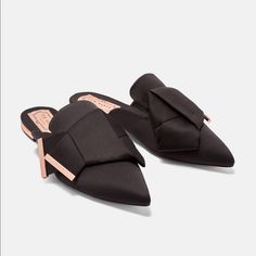 Ted Baker Women's Black Knotted Bow Backless Satin Loafers Size 6 Brand New Never Worn No Box Elegant Black Slip-ons For Summer, Chic Closed Toe Slip-ons With Branded Insole, Elegant Black Slip-ons For Spring, Black Formal Slip-ons For Summer, Chic Black Slip-on Slippers, Chic Black Slip-ons With Removable Insole, Black Summer Party Loafers, Black Pointed Toe Flats With Branded Insole, Chic Slip-on Closed Toe Slippers