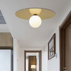 Contemporary 12’ Flushmount Ceiling Lamp With Brass Finish Milk Glass Shade & 1 Bulb Walls With Molding, Condo Entryway, Craftsman Cabin, Wide Nightstand, Ceiling Lighting Ideas, Ceiling Flush Mount Light, Globe Light Fixture, Ceiling Mounted Light, Minimalist Rug