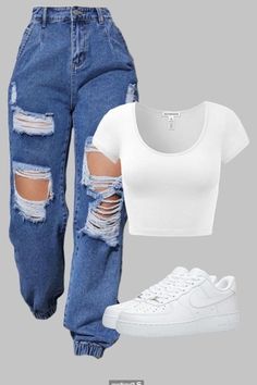 a pair of ripped jeans and white shirt with sneakers on the bottom, both worn down