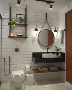 a bathroom with a toilet, sink and mirror