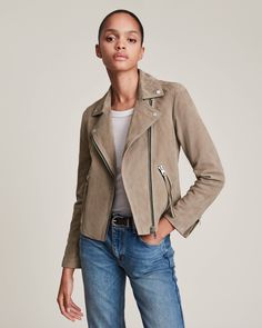 Women's Suede Leather Biker Jacket In Tan Beige Suede Biker Jacket, Suede Biker, Leather Jumpsuit, Shearling Vest, Studded Jacket, Distressed Jacket, Suede Coat, Leather Shirt, Leather Biker Jacket