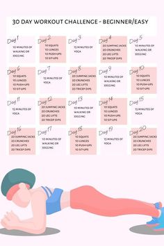 the 30 day workout challenge for beginners is shown in pink and blue with an illustration of