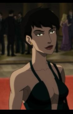 an animated image of a woman in a black dress with green eyes and dark hair