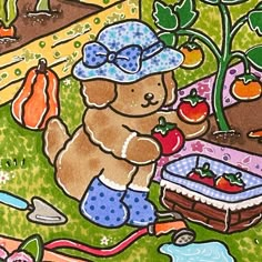 a painting of a teddy bear in the garden with apples and carrots on it