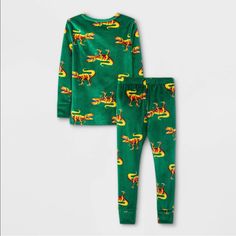 Cat & Jack Toddler Pajama Set Size 18m Playful Green Cartoon Print Sleepwear, Green Dinosaur Print Playwear Sets, Green Dinosaur Print Sets For Playwear, Mermaid Onesie, Navy Blue Pajamas, Elf Pajamas, Blanket Sleeper, Dinosaur Pajamas, Jack Green