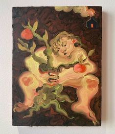 a painting on a white wall with an image of a woman holding a fruit tree