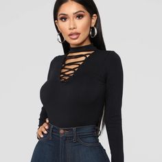 New With Tags, Black Long Sleeve Bodysuit From Fashion Nova. Black V-neck Bodysuit For Club, Black V-neck Bodysuit For Date Night, Black Long Sleeve Bodysuit, Cold Outfit, Lace Up Bodysuit, Black Bodysuit Longsleeve, Ring Hook, All Black Fashion, Fashion Nova Outfits