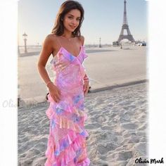 Olivia Mark - Fashionable Printed Sexy Strappy Open Back Irregular Hem Dress Beach Season Party Maxi Dress With Ruffles, Fitted Ruffle Maxi Dress For Beach Season, Fitted Maxi Dress With Ruffles For Beach Season, Flirty Summer Maxi Dress, Trendy Pink Maxi Dress For Party, Summer Ruffle Maxi Dress For Night Out, Summer Ruffles Maxi Dress For Night Out, Summer Maxi Dress With Ruffles For Night Out, Trendy Ruffled Maxi Dress For Party