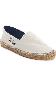 Saint Laurent Monogramme Logo Espadrille (Women) | Nordstrom White Canvas Espadrilles With Woven Sole, White Canvas Espadrilles With Rubber Sole, White Cotton Espadrilles With Round Toe, Logo Letters, Gift Kit, Diy Kits Gift, Flat Espadrille, Ysl Bag, Espadrilles