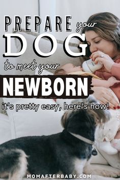 a woman sitting on a couch next to a dog and drinking from a cup with the caption prepare your dog to meet your newborn newborn it's pretty easy, here's how