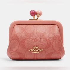 This Coach Coin Case In Signature Canvas Is Perfect For Organizing Your Cards And Coins. The Beautiful Im/Candy Pink Color And Canvas Fabric Make It A Stylish Addition To Any Accessory Collection. It Is Designed For Women And Features A Kisslock Closure For Added Security. This Item Is Ideal For Those Who Love Coach Products And Want To Keep Their Cards And Coins Organized In A Fashionable Way. In Pristine Condition Product Details Signature Coated Canvas And Smooth Leather Kisslock Closure, Fab Pink Coach Bag As Gift, Luxury Pink Rectangular Coin Purse, Rectangular Coach Coin Purse For Gift, Pink Compact Bag For Gifts, Compact Pink Bags For Gifts, Compact Pink Bag For Gifts, Compact Coach Wallet As Gift, Elegant Compact Coach Bag, Compact Coach Bags