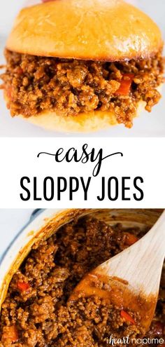 easy sloppy joes recipe in a casserole dish with the title above it