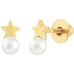 Olas d'Oro Earrings - 14K Yellow Gold Child's Star and Pearl Stud Earrings with Screw Back Elegant Hypoallergenic Star Earrings, Elegant Star-shaped Pierced Jewelry, Formal Star-shaped Fine Jewelry Earrings, White Gold Star Earrings For Formal Occasions, 14k Gold Star-shaped White Gold Earrings, 14k Gold Star Shaped Pierced Jewelry, 14k Yellow Gold Celestial Earrings, Celestial 14k Yellow Gold Earrings, 14k Gold Celestial Yellow Gold Earrings