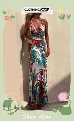 Sexy Vacation Floral Backless V Neck Printed Dress Dresses Floor-length Halter Dress For Night Out In Summer, Floor-length Halter Dress For Summer Nights, V-neck Backless Dress For Beach Party, Multicolor V-neck Halter Dress For Party, Backless Floral Print Halter Dress For Party, Floral Print Maxi Halter Dress For Party, Floral Print Maxi Length Halter Dress For Party, V-neck Halter Dress For Beach Party, Beach Season V-neck Halter Party Dress