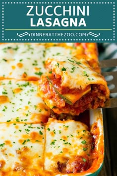 zucchini lasagna in a green casserole dish