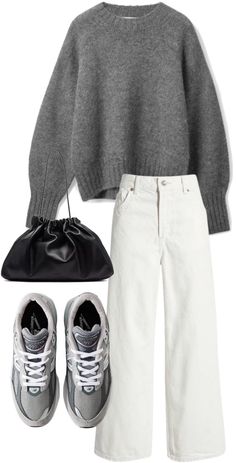 Autumn White Jeans, All Grey Winter Outfit, Outfit With Grey Sweater, White Pant Winter Outfit, White Bag Outfit Ideas, Grey Striped Sweater Outfit, Styling Grey Pants, Black White And Grey Outfits, Outfits With Gray Jeans