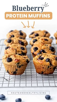 blueberry and protein muffins cooling on a wire rack with text overlay