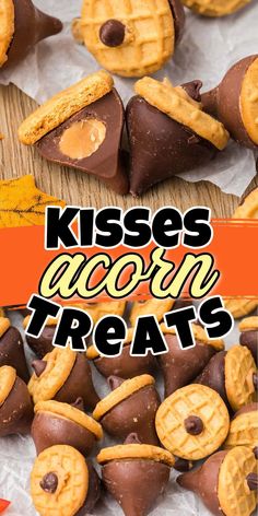 chocolate covered cookies with peanut butter on top and the words kisses across treats above them