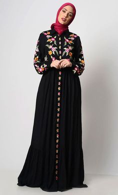 English Rose Embroidered Abaya Elegant Black Abaya With Floral Embroidery, Black Long Sleeve Abaya With Floral Embroidery, Black Abaya With Floral Embroidery, Spring Abaya With Floral Embroidery, Spring Long Abaya With Floral Embroidery, Spring Floral Embroidered Long Abaya, Spring Floral Embroidered Abaya, Spring Black Maxi Length Abaya, Spring Black Maxi-length Abaya