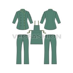 A Vector Fashion Set for Women's Chef Uniform. It has Chef's Coat, Pants and Apron. The Chef's Coat is with a 3/4 Sleeve and has a pocket on the left arm. Professional Chef Uniform Women, Green Workwear Sets With Pockets, Chef Uniform Women, Sci Fi Clothing, Chef Uniform, Female Chef, Chef Coat, Diy Wardrobe, Professional Chef