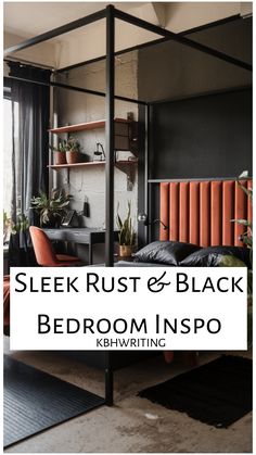 Modern bedroom with rust-colored accents, black furnishings, and potted plants for inspiration.