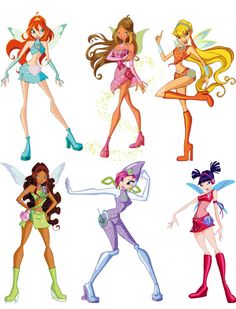 four cartoon girls with different outfits and hair styles, all dressed up in various colors