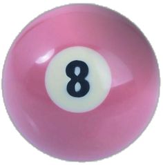 a pink pool ball with the number eight in it's center and black numbers