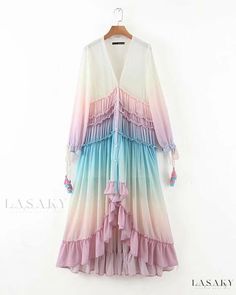 Lasaky - Womens Gradient V-neck Tassel Vacation Dress with Ruffled Hem Maxi Skirt in Elegant Design Bohemian Summer Dresses, Goth Vintage, Long Sleeve Ruffle Dress, Gradient Print, Rainbow Pastel, Boho Beach Dress, Princess Sleeves, Elegant Maxi Dress, فستان سهرة