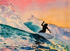 a painting of a person on a surfboard riding a wave in the ocean at sunset